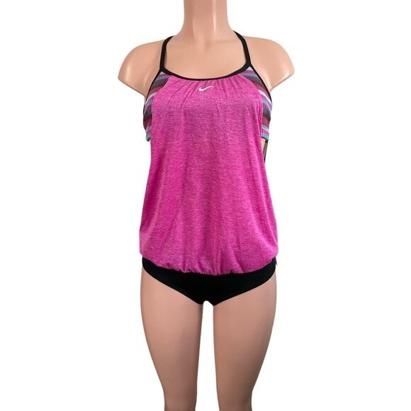 NWT Nike Texture Stripe Layered Tankini Top & Essential Full Bikini Bottom Small - Picture 2 of 16
